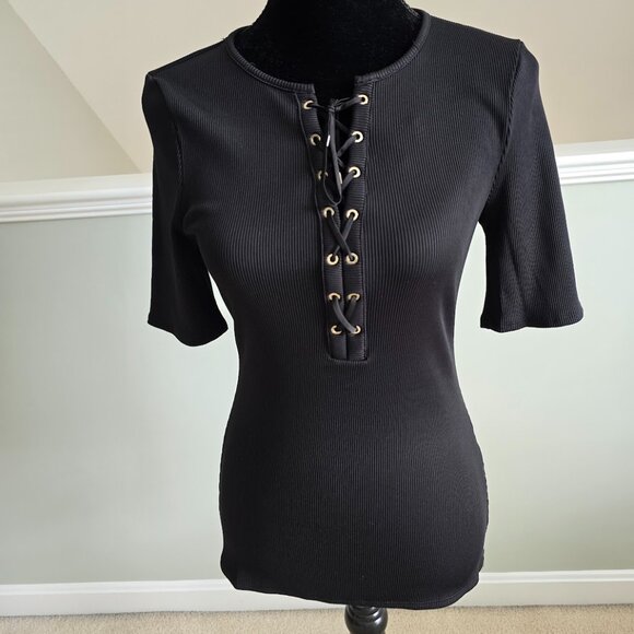 WHBM FORME Short Sleeve Lace Up Criss Cross Black Ribbed Top Size Medium NWT - Picture 4 of 12